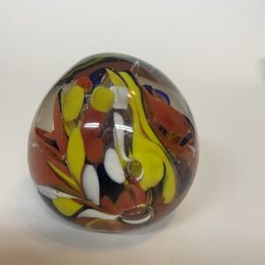 Vintage Handmade Art Glass Paperweight Sculpture Red Blue‎ Yellow Swirl